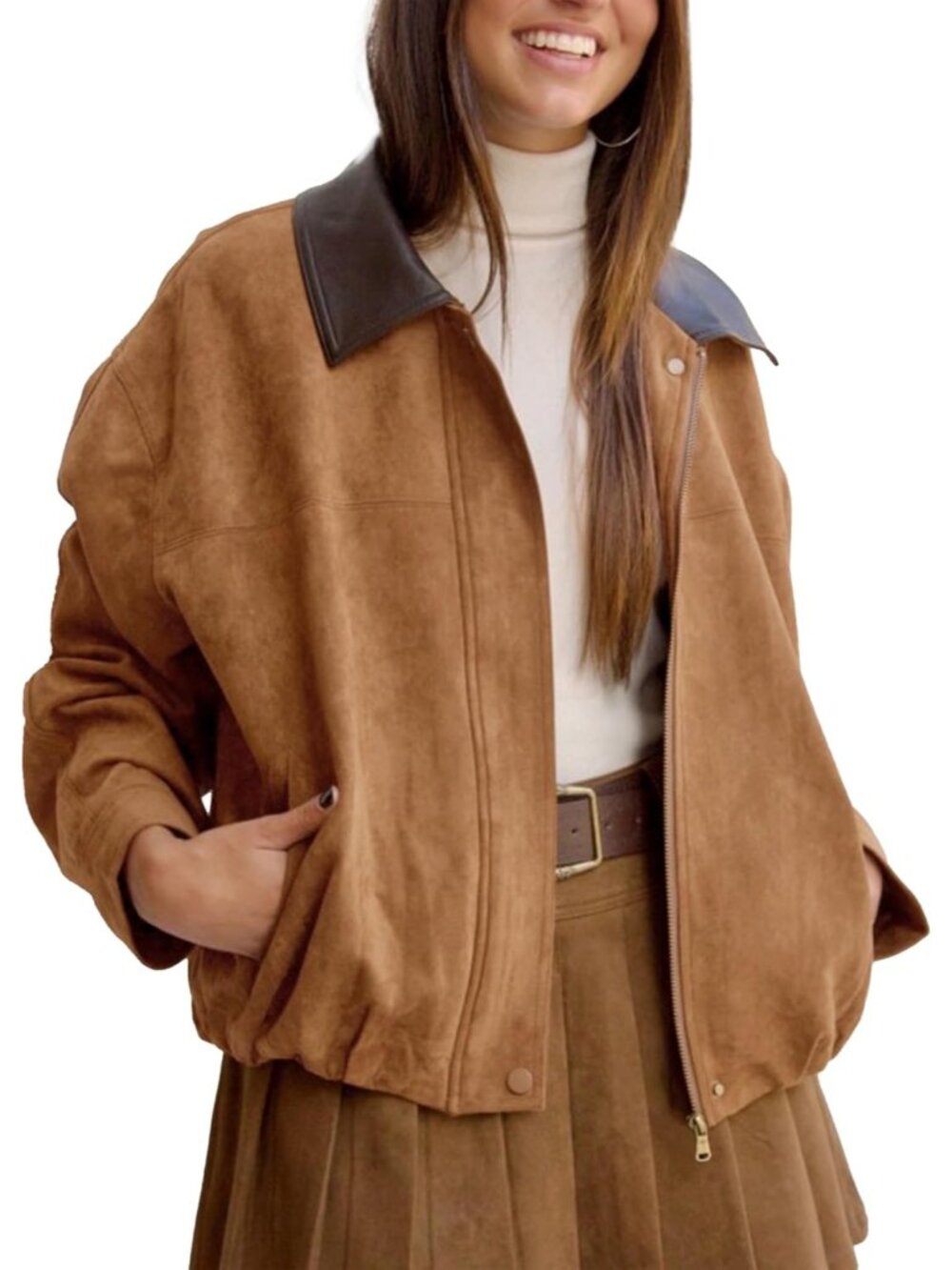 Women's Brown Faux Suede Oversized Cropped Bomber Jacket Motorcycle Coat